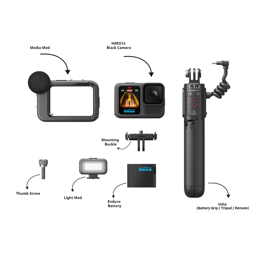 GoPro Hero13 Creator Edition Includes Hero13 Action Camera, Volta, Media Mod, Light Mod, Magnetic Mount (1-Yr International+1-Yr India Warranty),Black GoPro Hero13 Creator Edition Includes Hero13 Action Camera, Volta, Media Mod, Light Mod, Magnetic Mount (1-Yr International+1-Yr India Warranty),Black